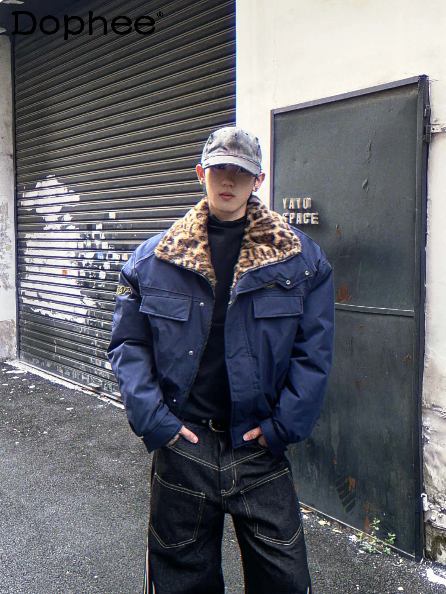 

American Fashion Retro Trend Leopard Print Stand Collar Jacket Thickened Warm Zipper Cotton Coat Unisex Outerwear