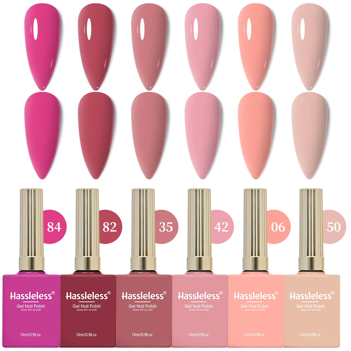 

Hassleless 6-pack (15ml glass bottles) gel nail polish set. High gloss, long-lasting, suitable for home and nail salon use. DIY
