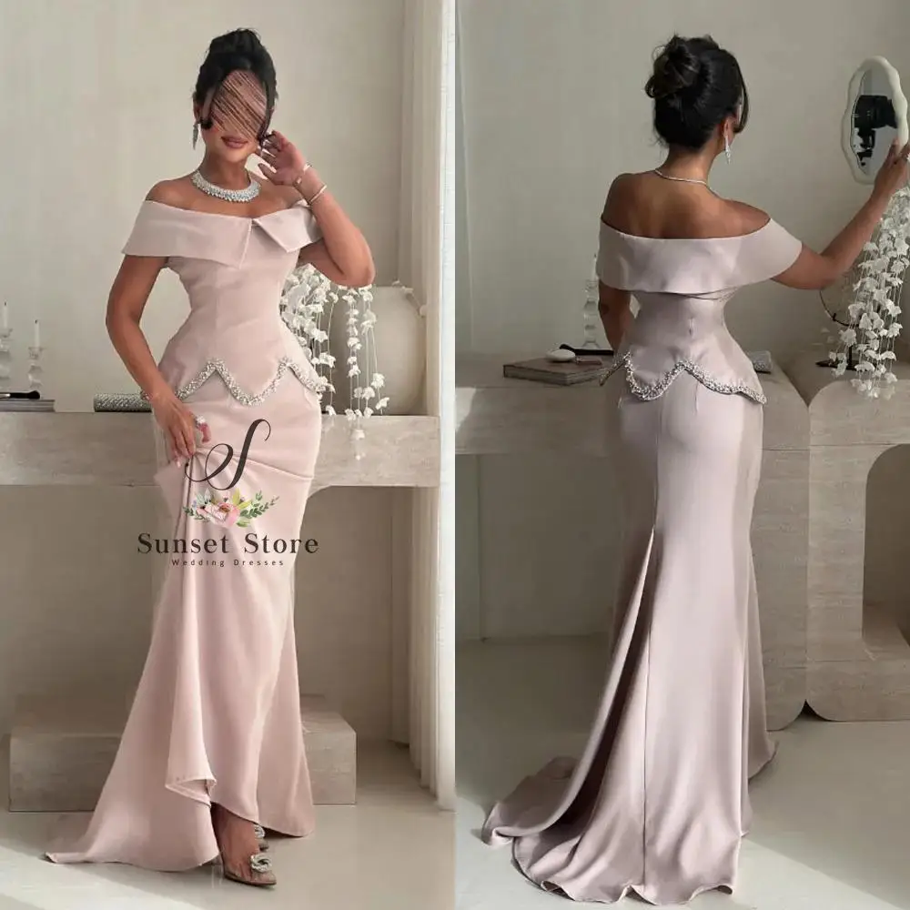

Customized High Quality Strapless Floor Length Sweep Train Off Shoulder Pink Beaded Zipper Backless Prom Women Evening Dresses
