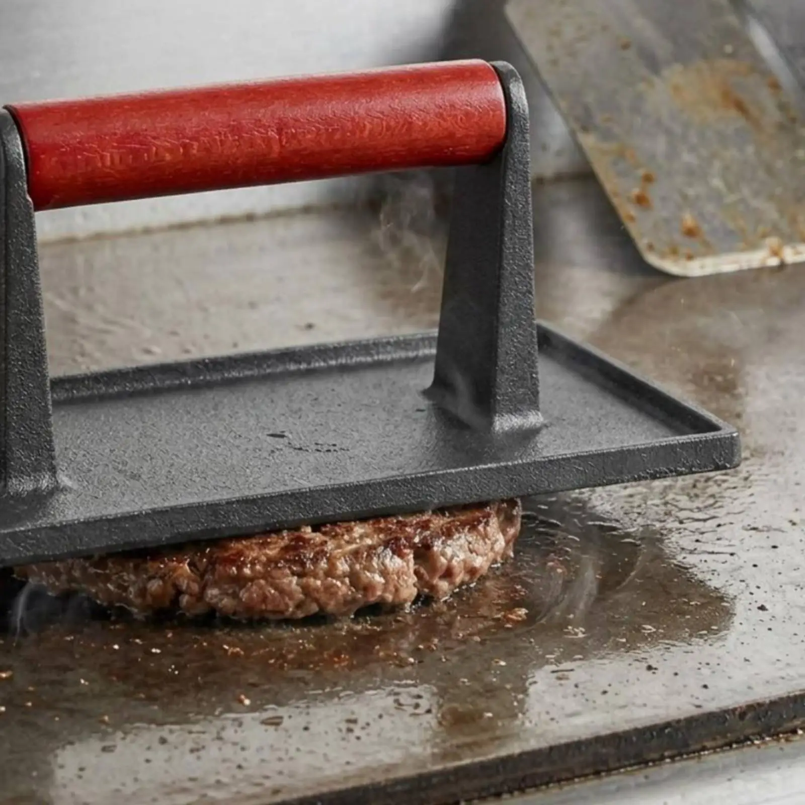 Cast Iron Burger Press Textured Surface Handheld Grill Press Dark Gray view 6