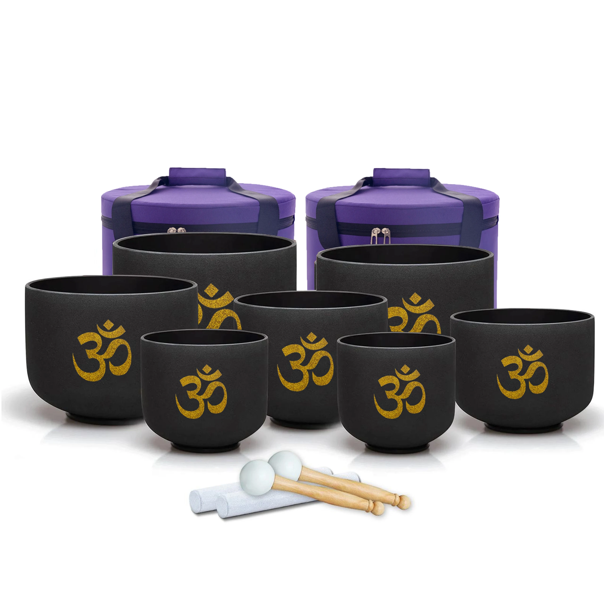 

Hye-eun Om Design 7-12 inch Black Frosted Quartz Crystal Singing Bowl Set of 7pcs Sound Healing Instruments with Bag