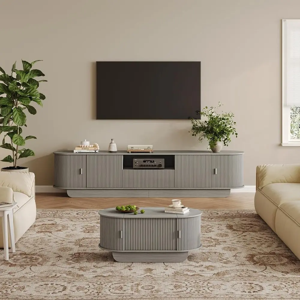 

Modern Entertainment Center with Large Storage Cabinet, LED Top Coffee Table for 55-85 Inch TVs, Suitable for Living Room or Bed