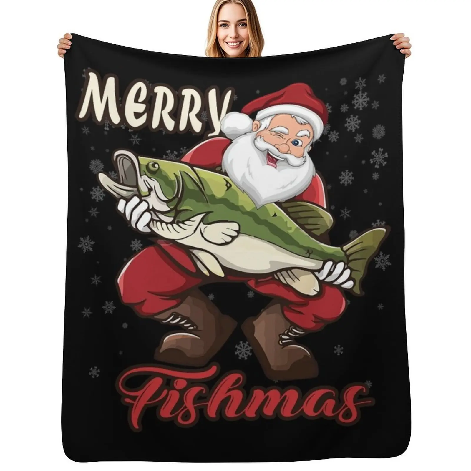 

Merry Fishmas - Funny Bass Fish Fishing Christmas Santa Xmas X-mas Holiday Xmas Gift Idea Throw Blanket Luxury Brand Blankets