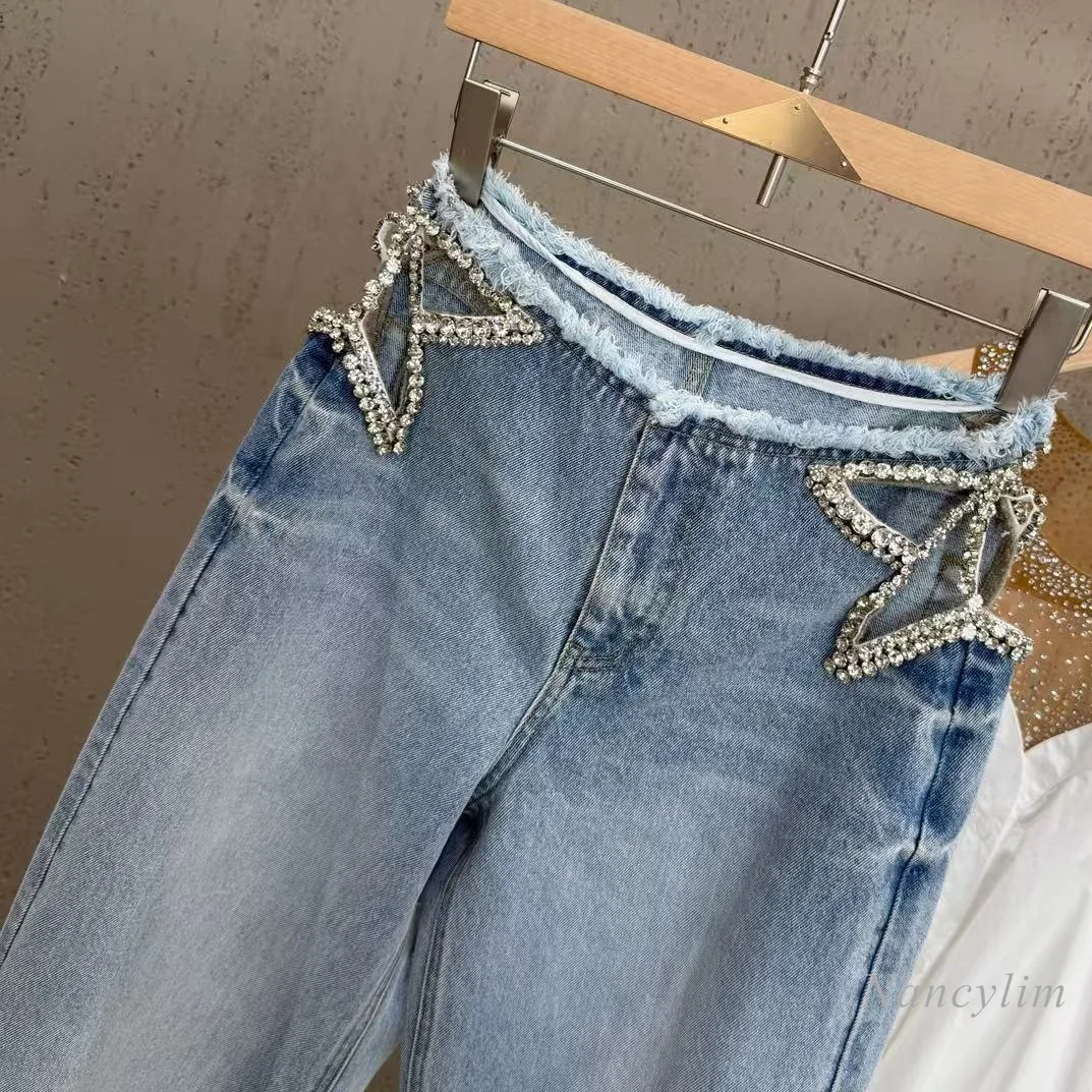 

Sense of Design Raw Edge Jeans, Women's Retro Waist Cut Out Nail Drill Sexy Loose Wide Leg Straight-leg Denim Pants