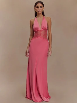 Mozision Summer Backless Sexy Maxi Dress Women Gown Patchwork Lace Halter Deep V Neck Sleeveless High Waist Elegant Long Dress 6