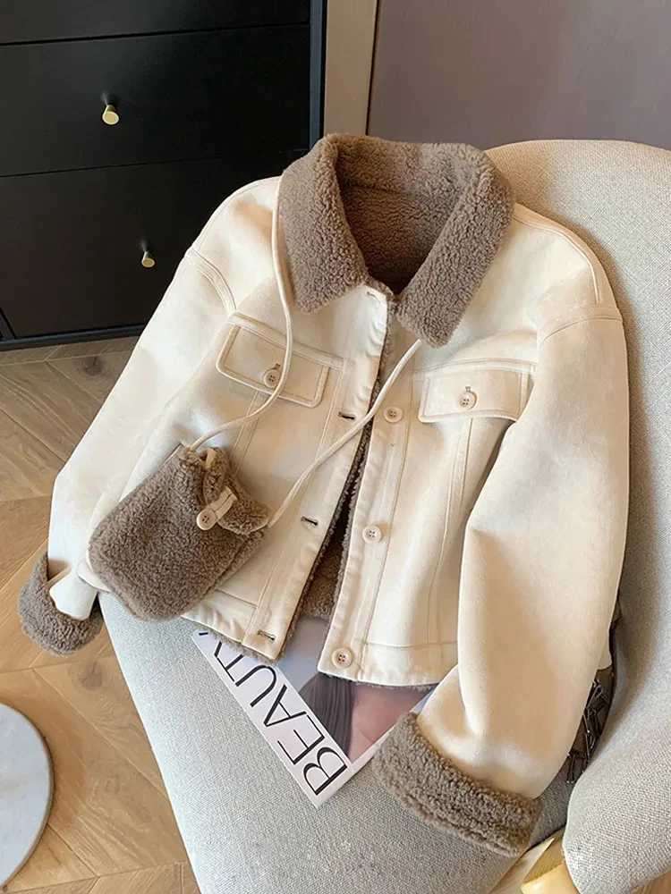

Suede Velvet Lamb Jacket Women Autumn Winter Thick Warm Turndown Collar Coat Y2K Loose Streetwear All Match Long Sleeve Outwear