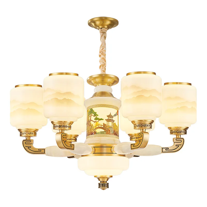 

High-end villa duplex building, large chandelier, all-copper and jade living room chandelier, atmospheric staircase
