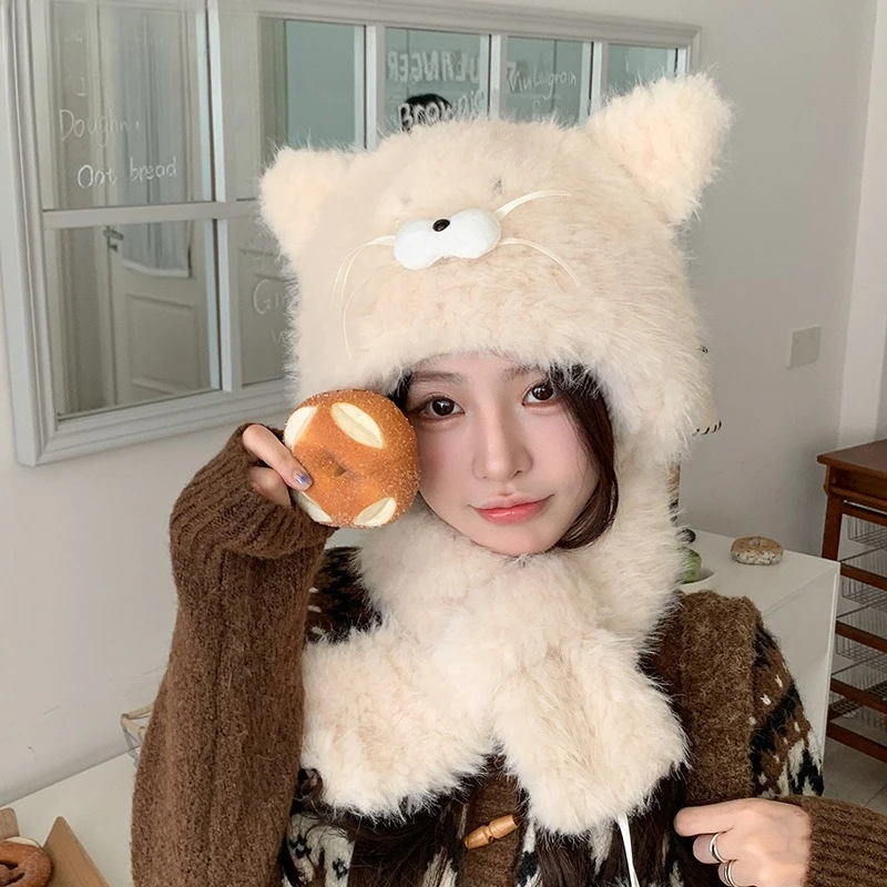 Invierno nuevo al aire libre más jersey grueso sombrero de dibujos animados lindo pequeño gato sombrero de felpa bufanda cálida un sombrero de alto valor para mujeres