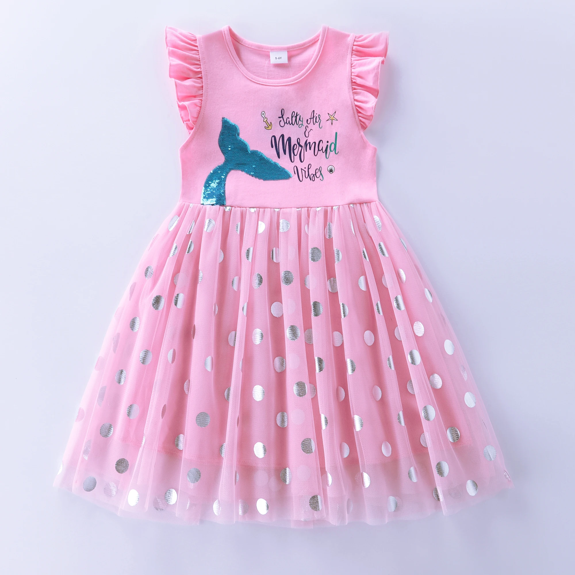 Girls' Summer Cotton Mermaid Embroidered Dotted Mesh Princess Dress SH1803