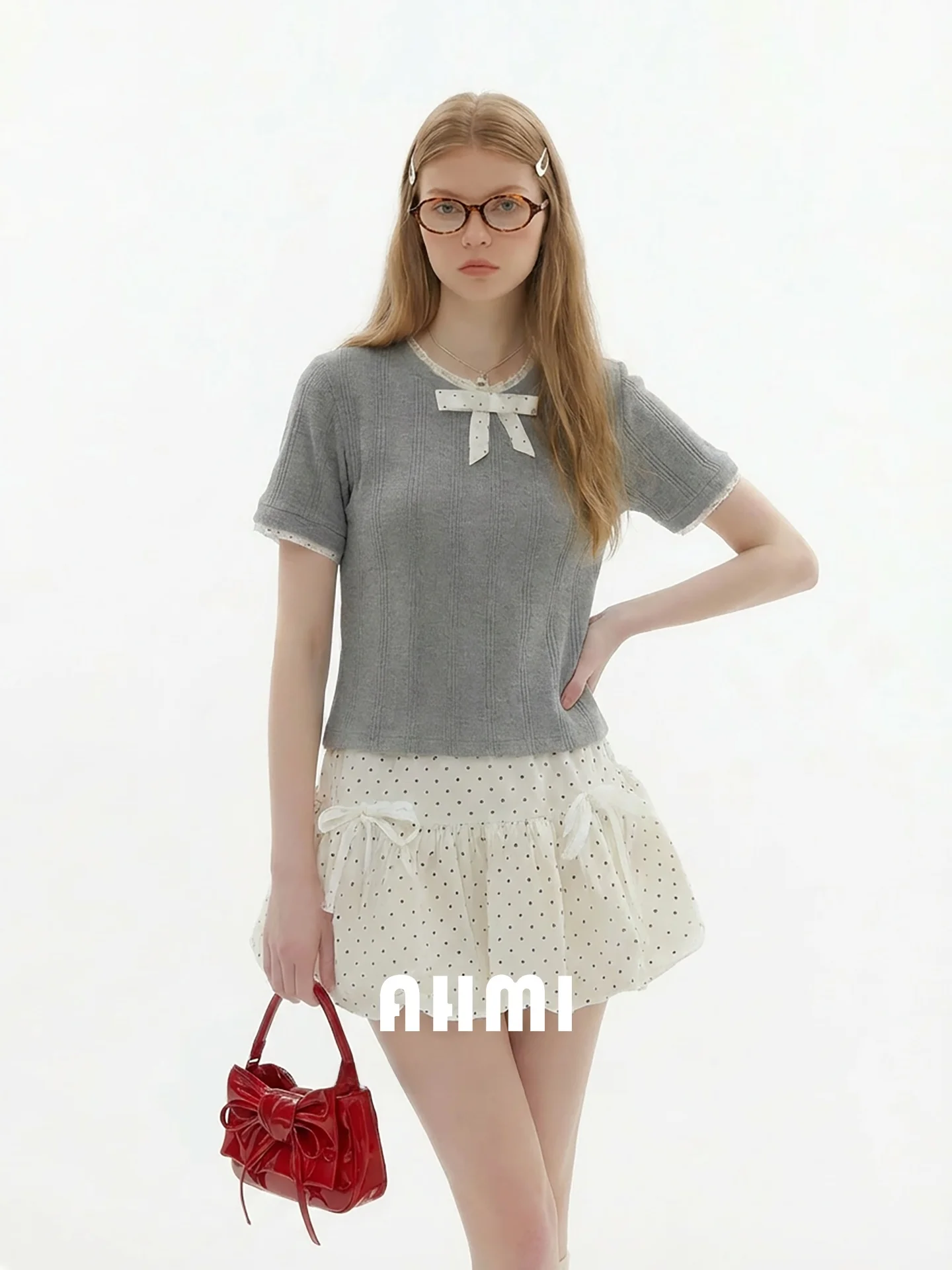 

Женская футболка AHMI Sweet Lady Style в горошек с коротким рукавом, летняя новинка, топ с узлом, дышащая, комфортная, свободного кроя