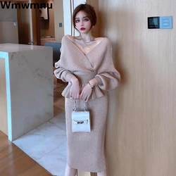 Slim Korean Knitted Skirt 2 Piece Sets Ruffles V-neck Tops + Elegant Bodycon Skirts Outfits Women's Casual Spring Fall Tracksuit