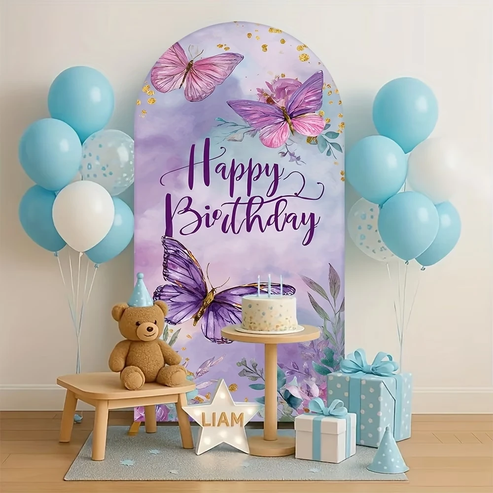 Decoraciones de Fondo Personalizadas con Temática de Mariposas de 2 Caras, Elegante Banner de Fiesta Color Lavanda, Cubierta para Arco Chiara