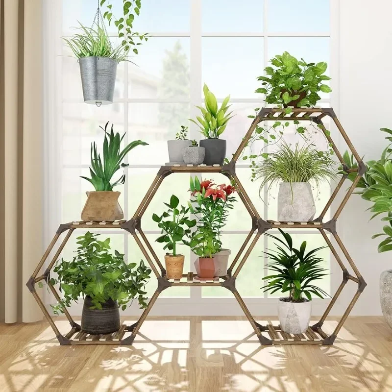 

Allinside Hexagonal Plant Stand, 7-Tier Wooden Indoor Outdoor Shelf for Plants, Transformable Ladder Holder