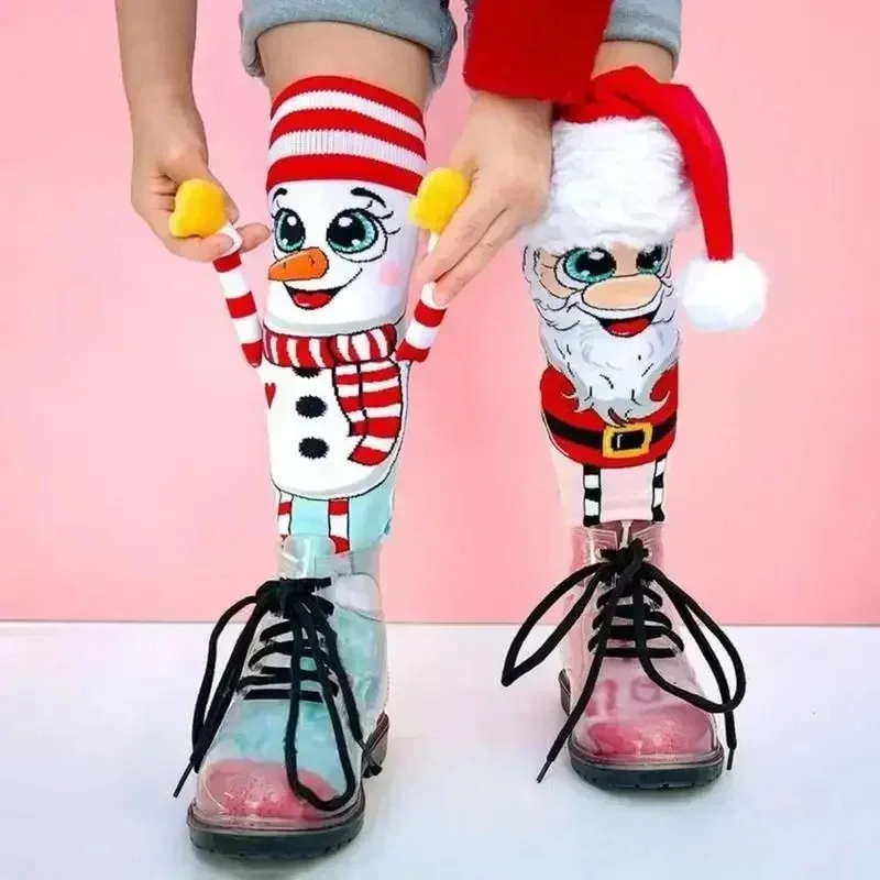 2024 Christmas 1 Pair Trendy Cartoon Christmas Santa Stockings Clear Print Create Atmosphere Anti-shrink Santa Present Socks