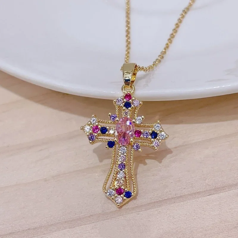 2023 New Shiny Colorful Zircon Decorated Cross Pendant Necklace Retro Palace Style Suitable for Holiday Banquet Parties