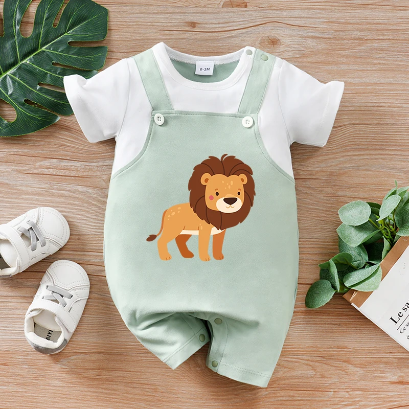 

Комбинезон с изображением льва для новорожденных из двух частей, мягкий удобный и милый комбинезон с круглым вырезом, милая одежда с короткими рукавами и принтом