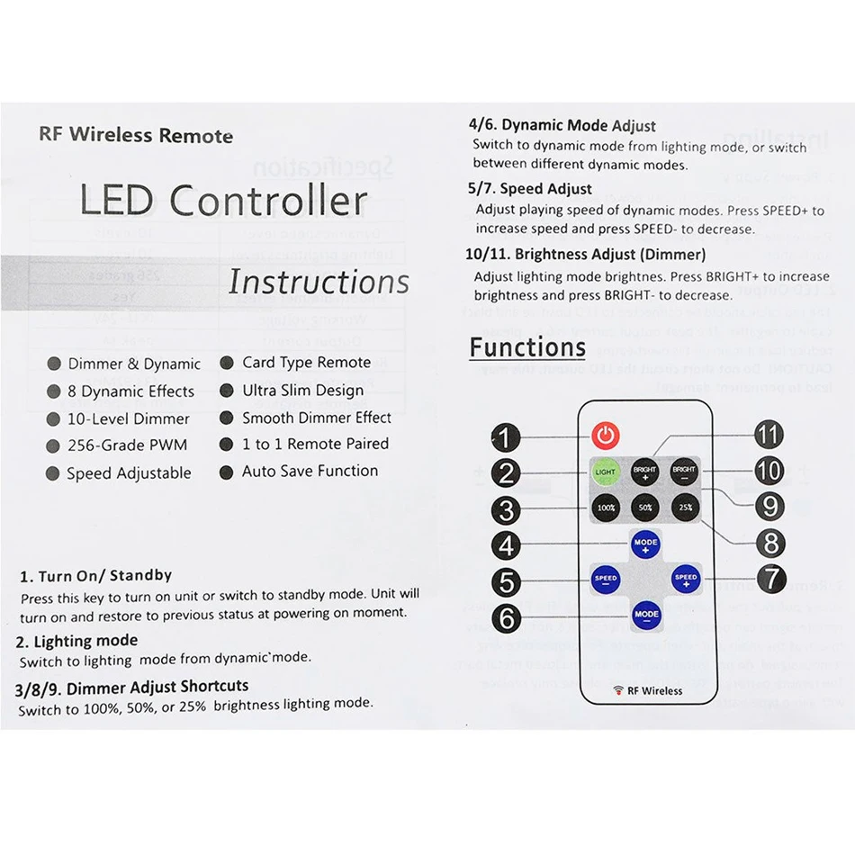 New DC 5-24V 6A 1CH Mini LED Controller Single Color Dimmer with RF 11-Key Remote Control for Constant Voltage PWM Strip Light