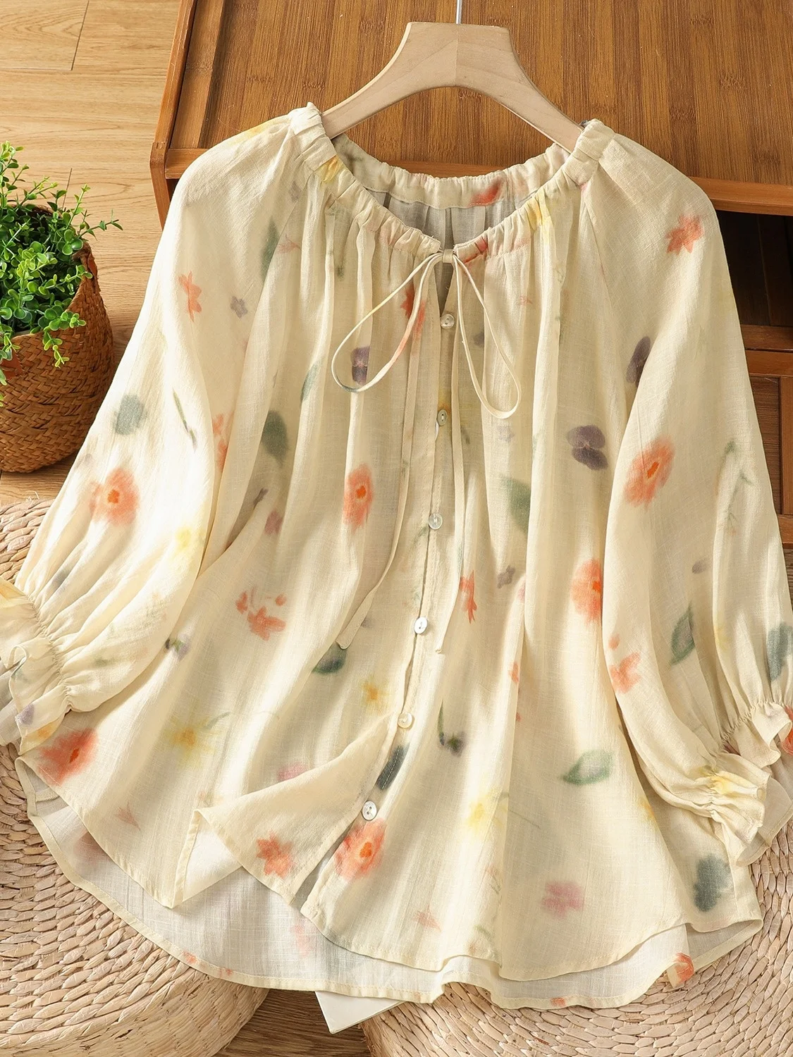 Doux Floral coton lin coupe ample rond Ne bouton up irt femmes été minceur Protection solaire sept Sve irt