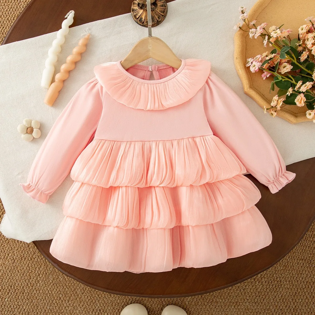 Baby Girl Dress Spring And Autumn Cotton Solid Color Multi Layer Long Sleeve Girls Dresses Sweet And Cute Baby Girl Clothing