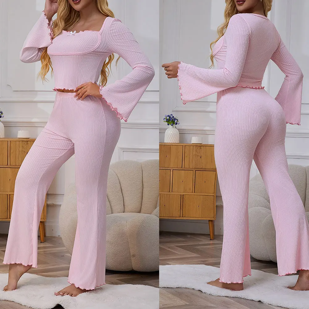

Women's suit-sexy fashionable simple flared sleeve rolled edge bow tie long-sleeved pants pajamas home wear