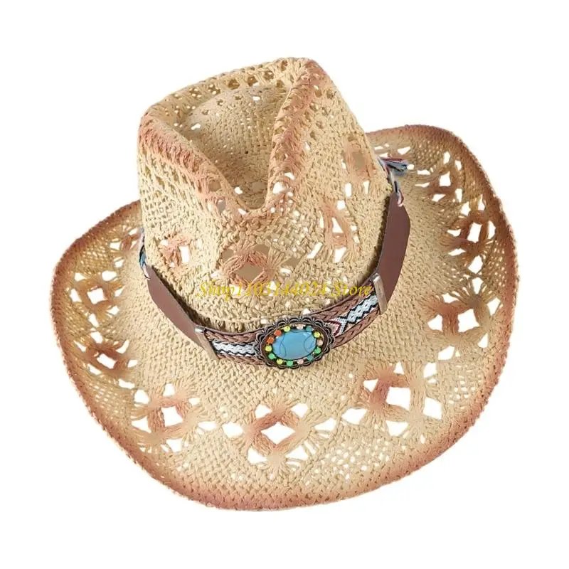N5KE Braided Paper Straw Cowboy Hats Wide Brimmed Openwork Weave Beach Hat For Outdoor Multiple Colors