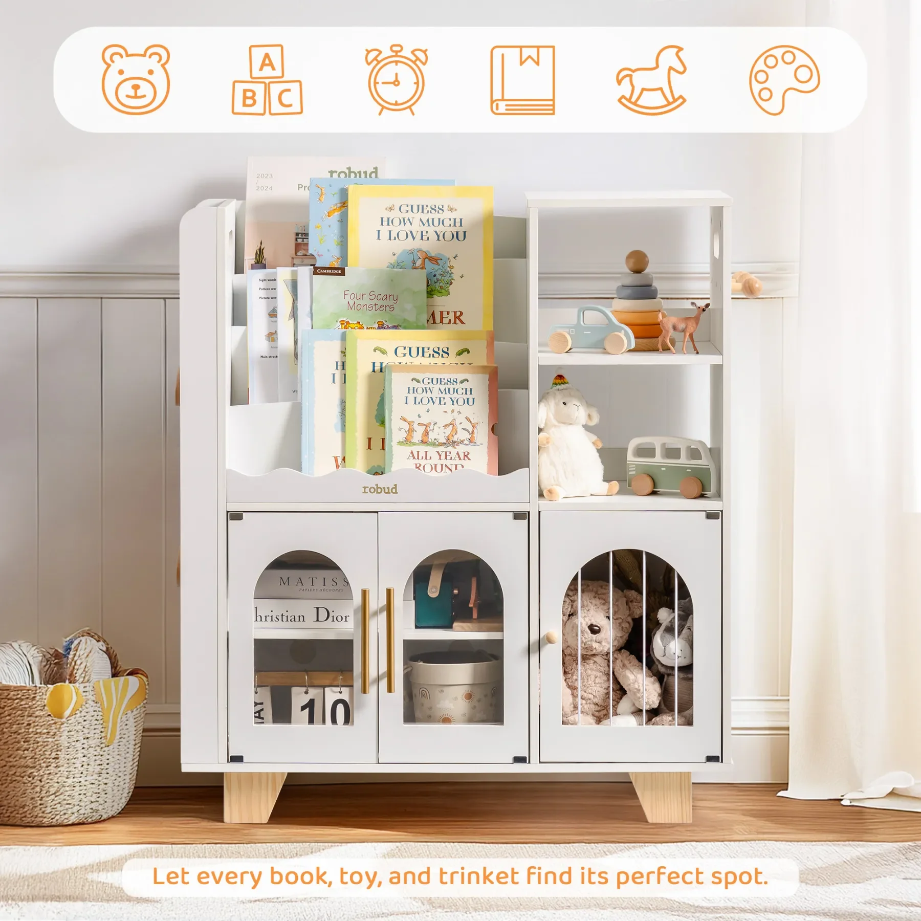 Robotime Robud Kids Wooden Bookshelf All-in-1 Kids Toy Storage Organizer 6 Cubby Bookcases Toy Chest Finish Space-Saving Caramel