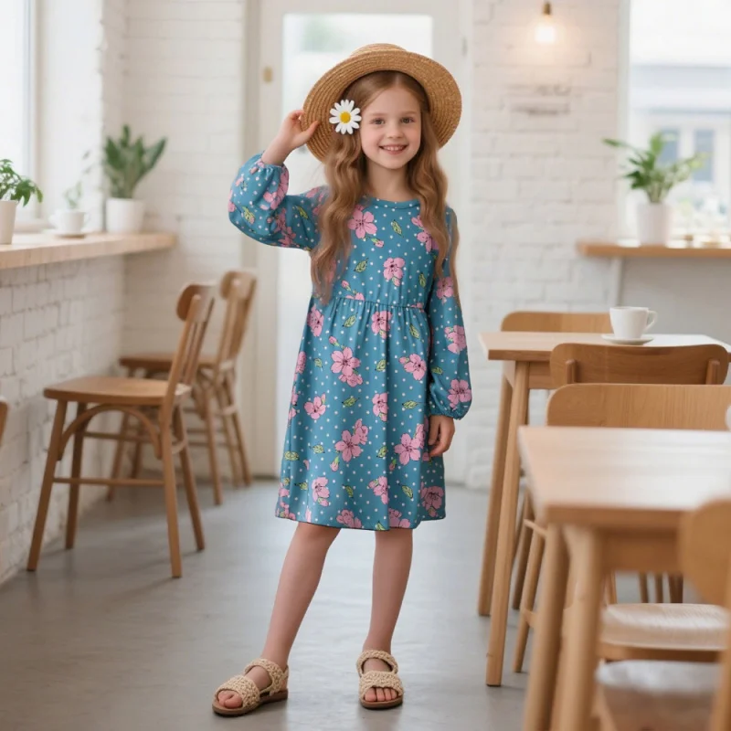 

Girls' Floral Print Dress Spring New Long Sleeve Princess Dress Blue Base Pink Flower Polka Dot Pastoral Style