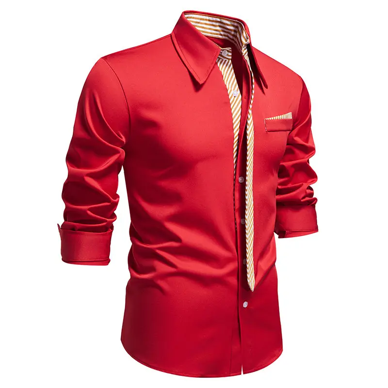 Vintage Oblique Stripes Fake Tie Designer Mens Shirts Long Sleeve Chemises Hommes Marque Man Business Casual Uniform Dress Shirt