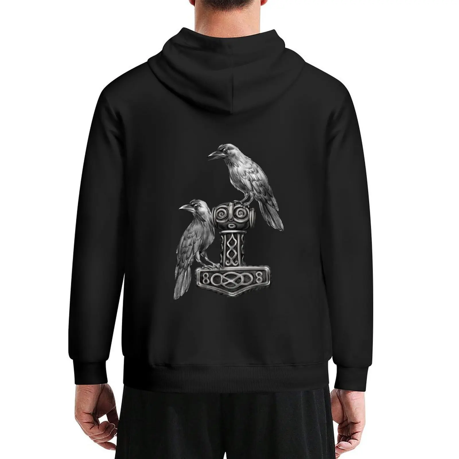 Thor Hammer Mj?lnir مع Odin Ravens Hugin and Munin Hoodie ملابس رجالية ملابس رجالية بقلنسوة جرافيك