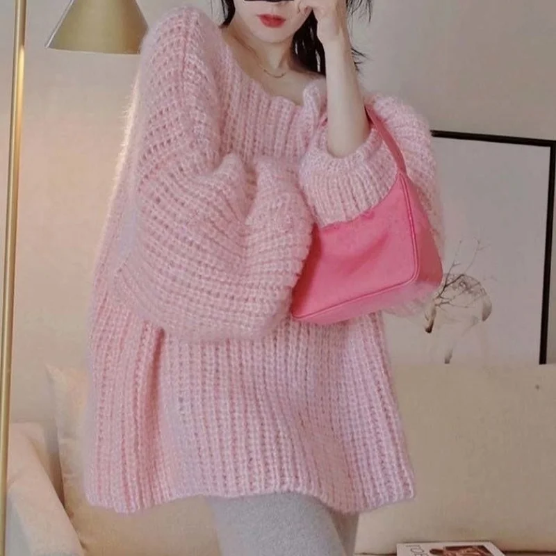 New Loose Knitted Sweater Solid Color Women Autumn Winter Fashion Pullovers Female Casual Mohair Knitwear Coat Long Sleeve Tops