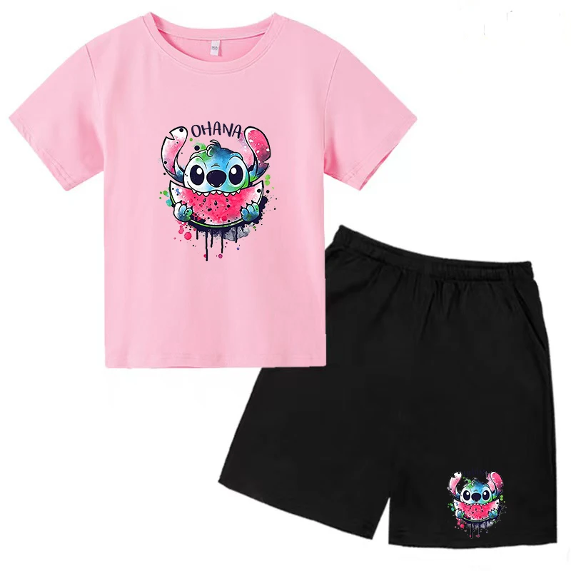 Children's Stitch Anime T-shirt 3-12Y Boys and Girls Preschool Top+Shorts Beautiful Girls Party Charm Sports Jogging Casual Set