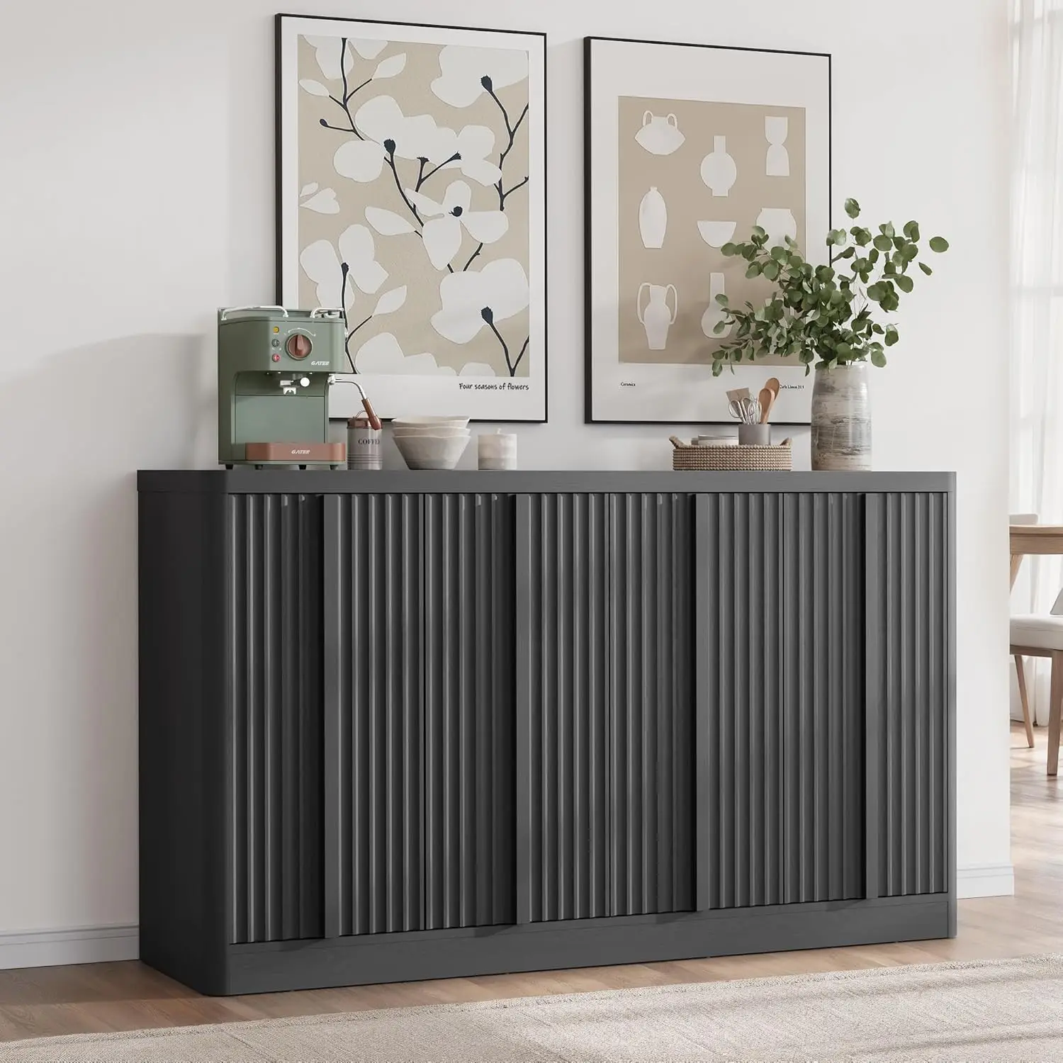 

Fluted Buffet Cabinet with Storage, 60" Sideboard Buffet Storage Cabinet with 4 Doors & Adjustable Shelves, Black(1PCS)