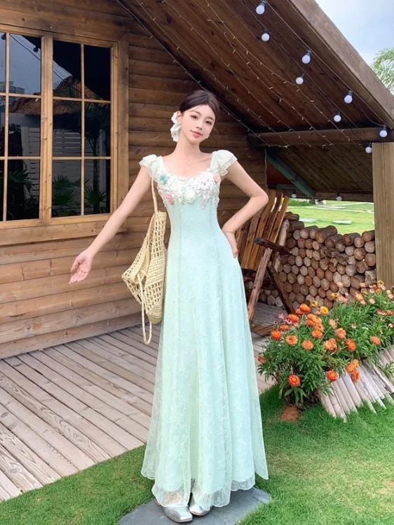 

plus Size Women's Lace Floral ort Sve Dr Slimming Waist High Waist Long Skirt Commute Sle Korean Version Summer New