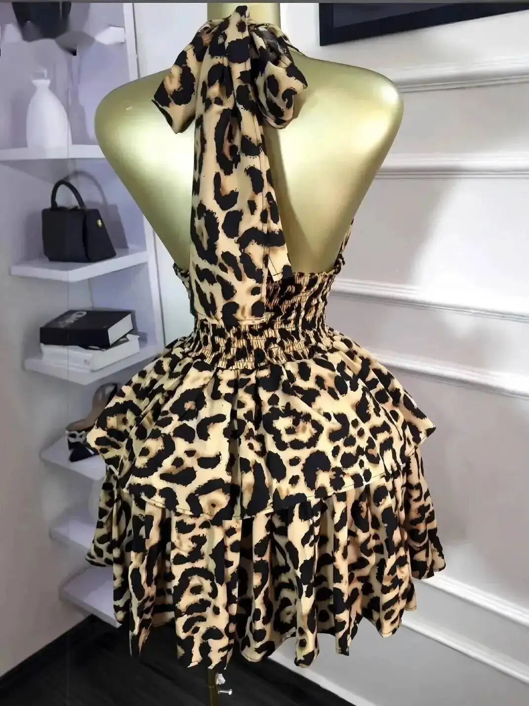 Women Leopard Print Halter Neck Backless Cascading Ruffles Big Swing Ball Gown Mini Dress 2025 Sexy Club Party Dresses 98J4