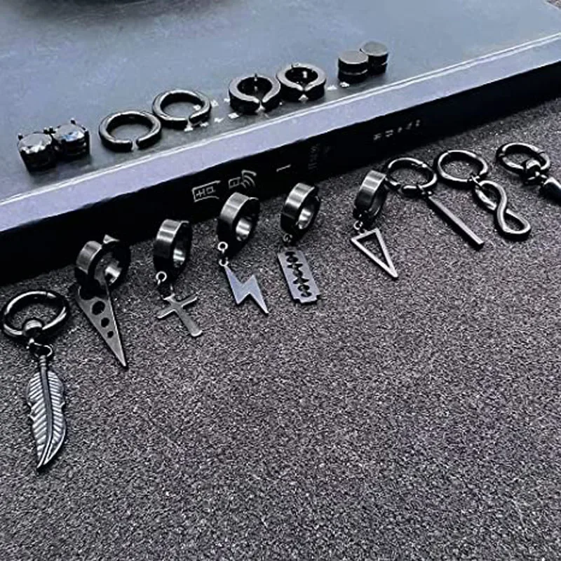 WKOUD 1-17 Pcs Clip On Hoop Earrings For Men Women Stainless Steel Fake Non Piercing Magnetic Dangle Earring Black Huggie Hoop