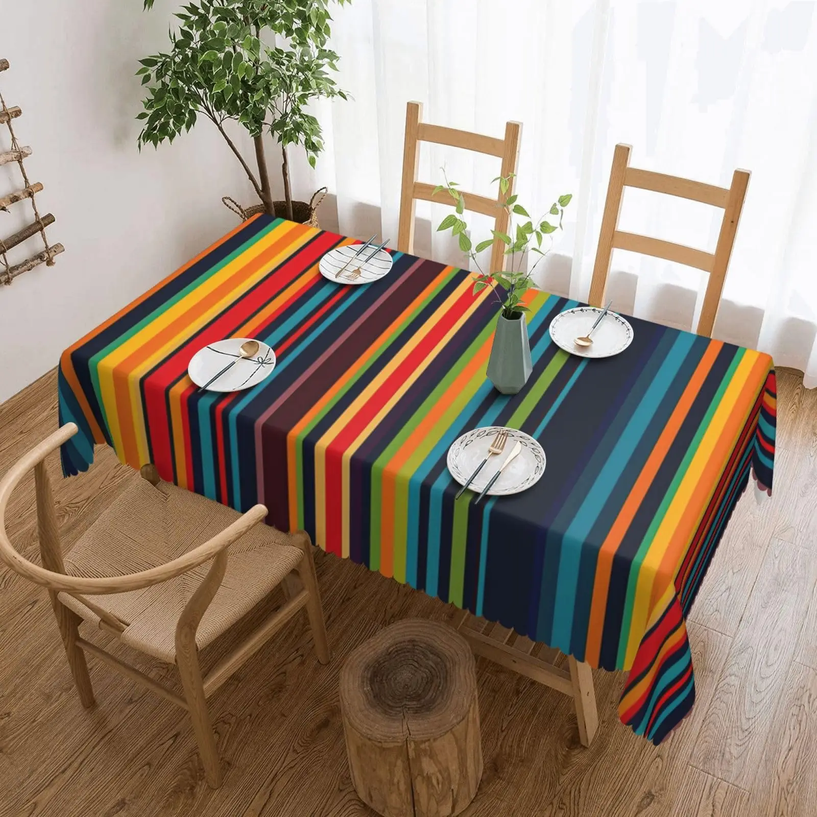 Mexican Rectangle Tablecloth Vintage Colorful Stripes Table Cloths Rainbow Colored Geometric Pattern Modern Multicolor Washable