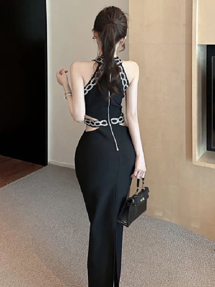 2024 Summer Elegant Temperament Sleeveless Off Shoulder Nail Drill Tight Dress Women Cinching Waist Slim Long Dress