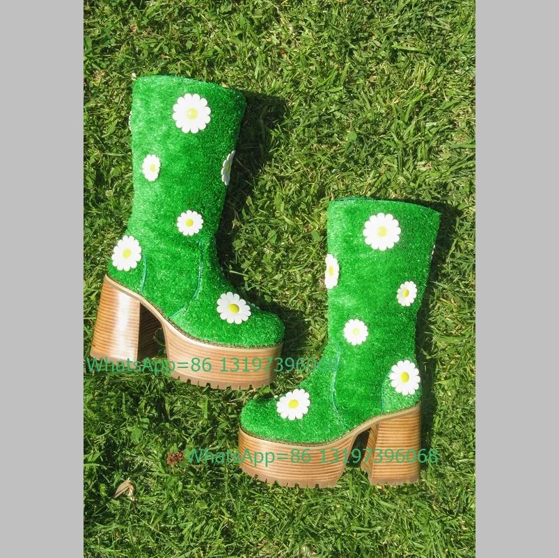 Lady Wood Pattern Daisy Flower Platform Calf Boots Green Color Vintage Flower 3D Design Boots Fur Design Chunky Heel Boots Size