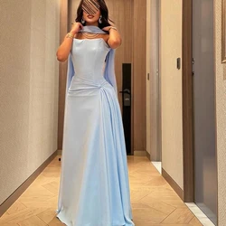 Customized Formal A-Line Sky Blue Jersey Evening Dress Classic Ribbons Sweep Train Sleeveless Floor Length Strapless Party Gowns