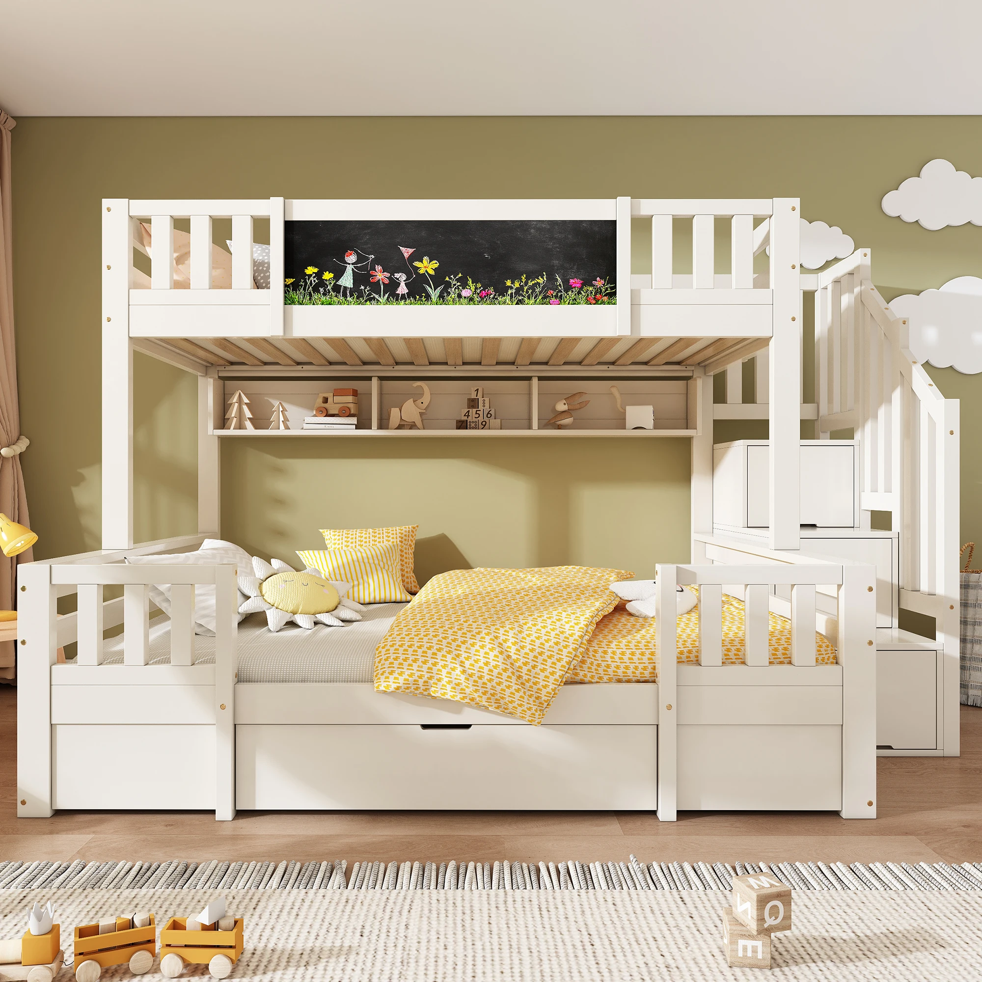 KOMHTOM Massivholz Etagenbett Hochbett, 90x200 und 140x200 mit Kreidetafel Stauraum Treppe Schubladen und Leiterschrank