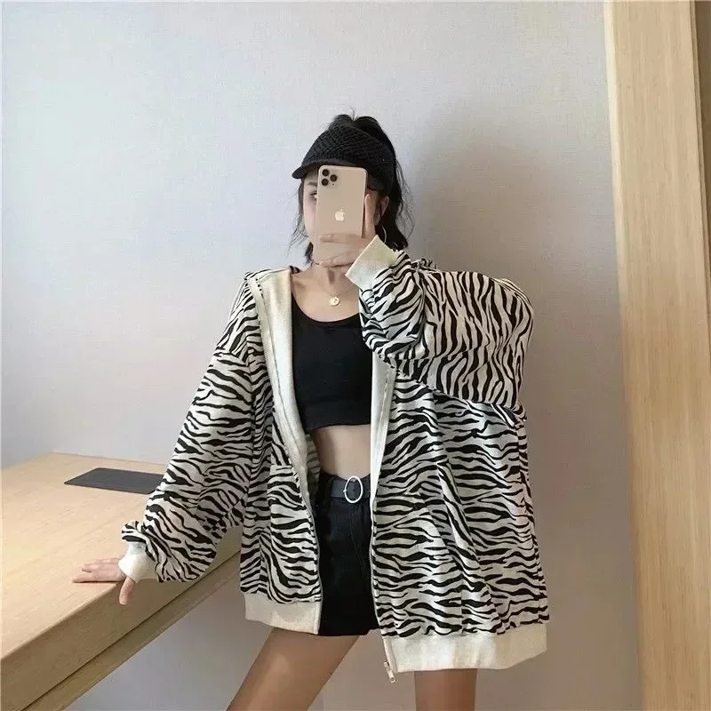 Women Crop Top Lady Clothing 2023 Oversized Casual Hoodie Korean Style Vintage Zebra Print Sweatshirt Puff Sleeve Zip Up Hoodie