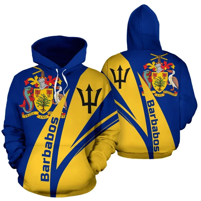 3D Barbados National Flag Prinitng Hoodies Barbados Coat Of Arms Emblem Graphic Hooded Sweatshirts Vintage Mens Pullovers Hoodie