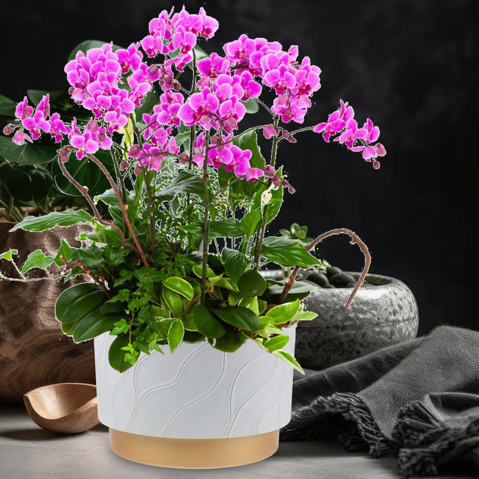 Orchid Planter Large Diameter Plastic Vertical Stripe Flower Pot Modern Nordic Design Indoor Balcony Living Room Phalaenopsis