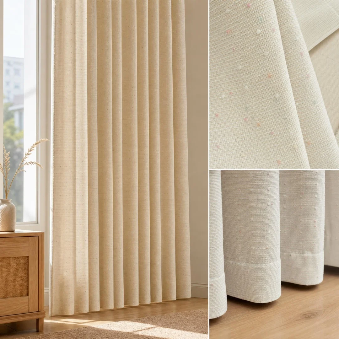 Textured Beige Striped Curtains, Tufted Pom Pom Dots Semi-Blackout Window Drapes for Nursery Bedroom Living Room Home Decor