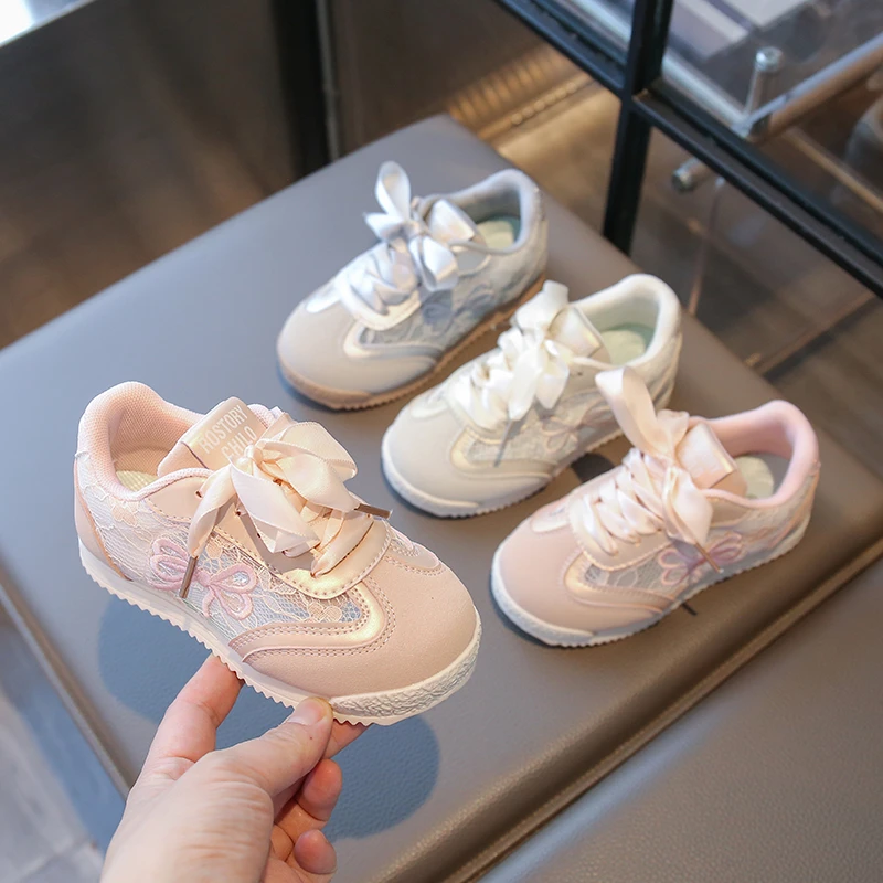Spring Autumn Kids' Sneakers New Lace Bow Girls Embroidered Princess Shoes Mesh Breathable Non-slip Children School Sports Shoes