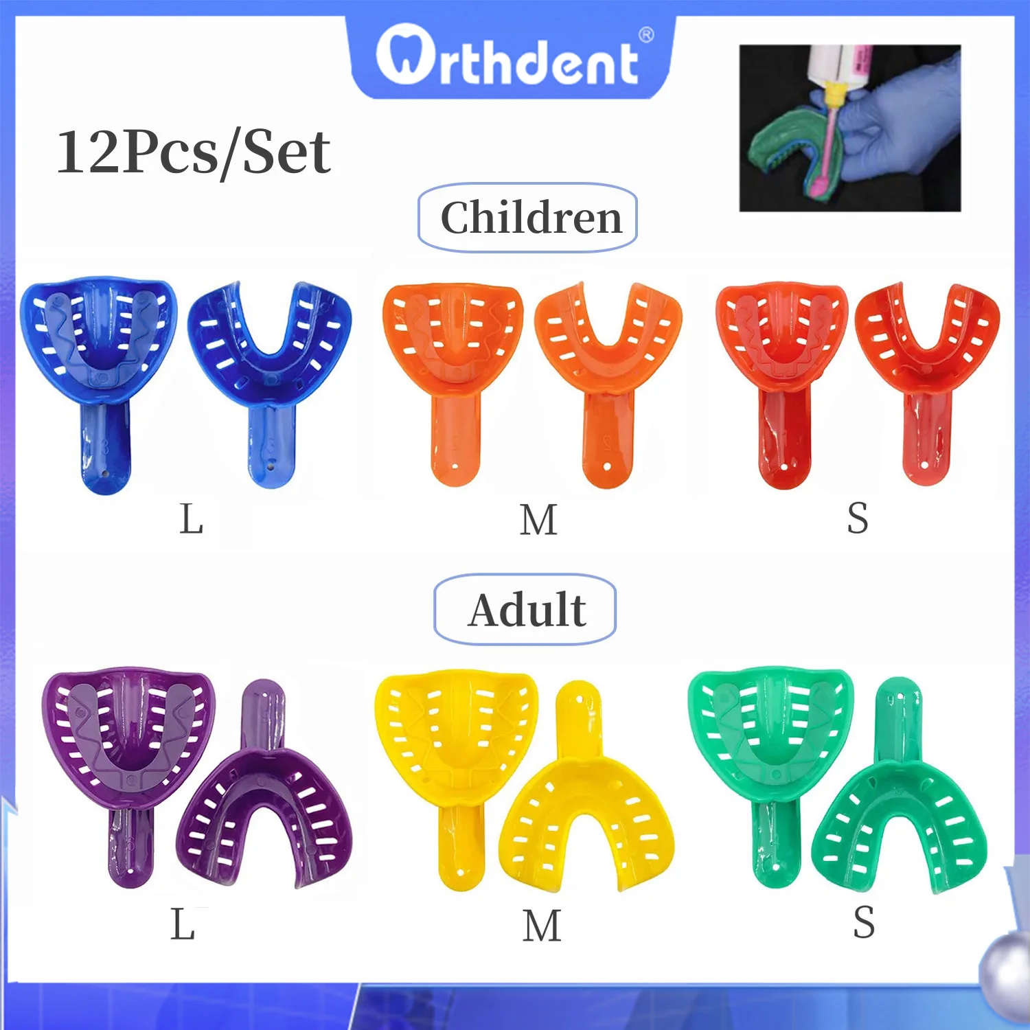 Bandejas de impresión Dental de plástico desechables para adultos y niños, Kit de soporte de dientes de colores, Material de suministro Central