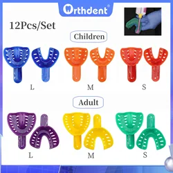 Bandejas plásticas descartáveis para impressão dentária para adultos e crianças, Kit colorido para dentes dentários, Material de fornecimento central, 12pcs por conjunto