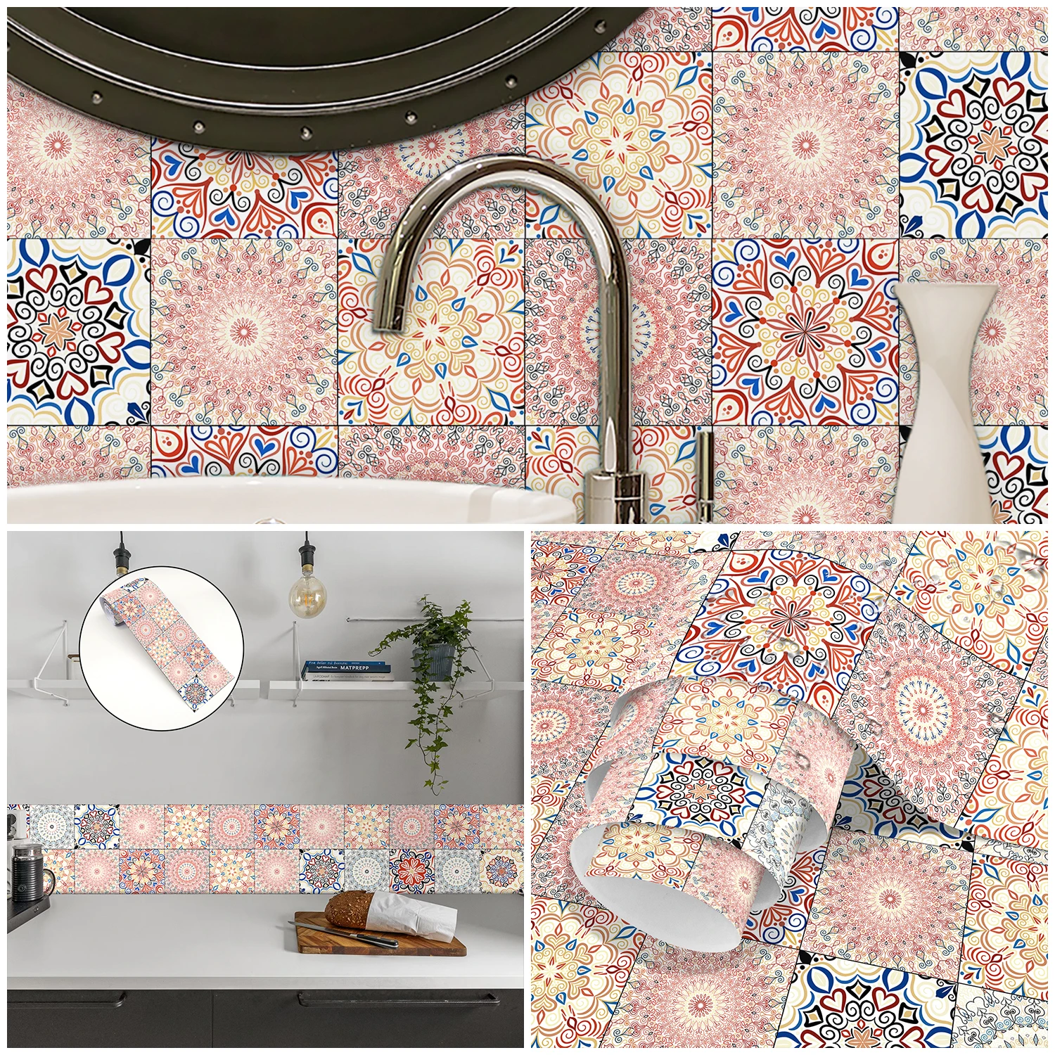 Autocollant mural en céramique Mandala rose, bande décorative adhésive pour crédence de cuisine et bordure de salle de bain, décalcomanies murales artistiques à peler et coller