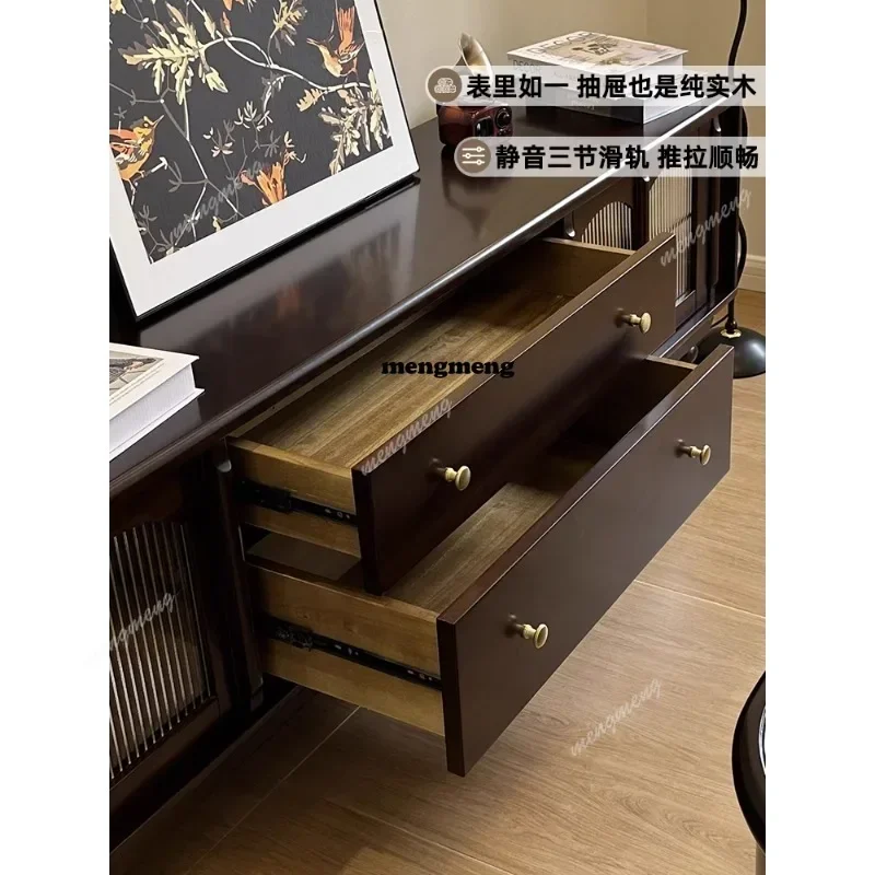 

Z136American pure solid wood coffee table TV cabinet combination light French retro home floor cabinet living room medieval blac