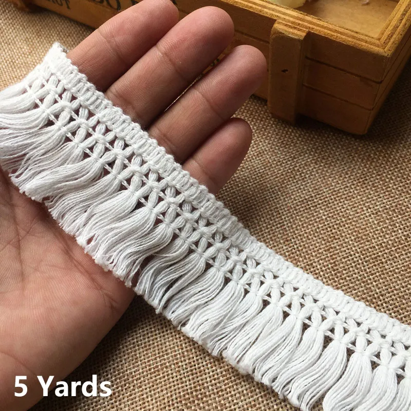 5yard White Weaved Ribbon Webbing Cotton Thread 3.5cm Wide Lace Fabric Tassel Trim Curtains Decoration Garment Accessories